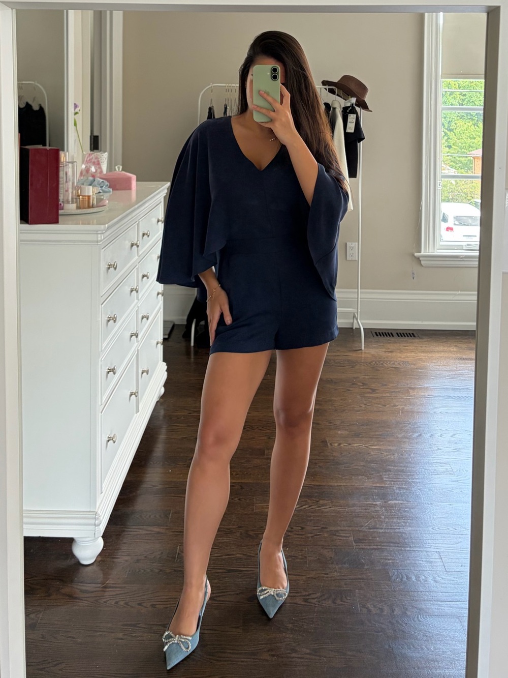 BCBGMAXAZRIA Idina Cape Romper in Navy